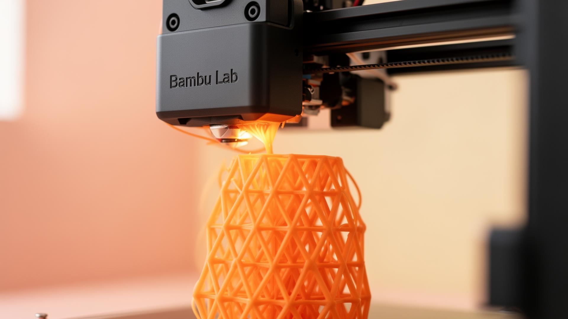 Bambu Lab 3D printer printing an orange lattice